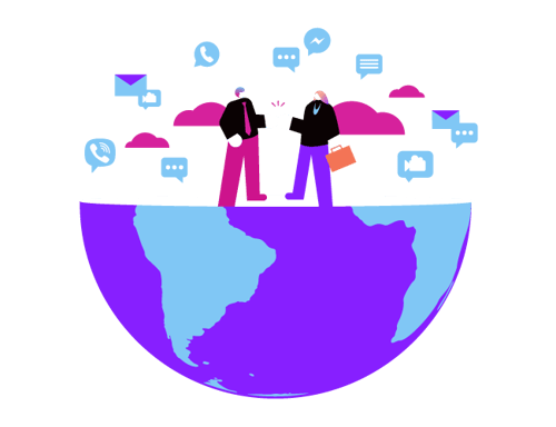 Global Partner image Illustration of two people fist bumping standing on half a globe