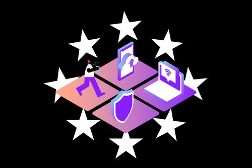 GDPR Stars Illustration of stars circling a shield and devices