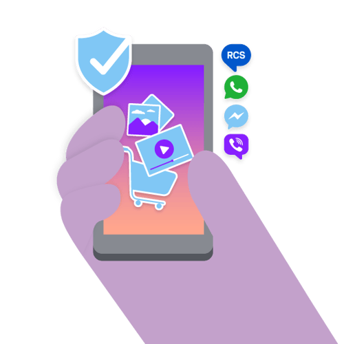 Guide to Messaging Channels Illustration of a hand holding a phone; on the screen is a shopping cart icon, a video play icon, and a photograph; next to the phone are 4 icons representing different types of messaging you can send via mobile phone