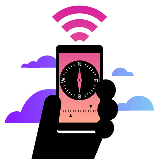 Vonage Mission Hand holding a smartphone with a compass.