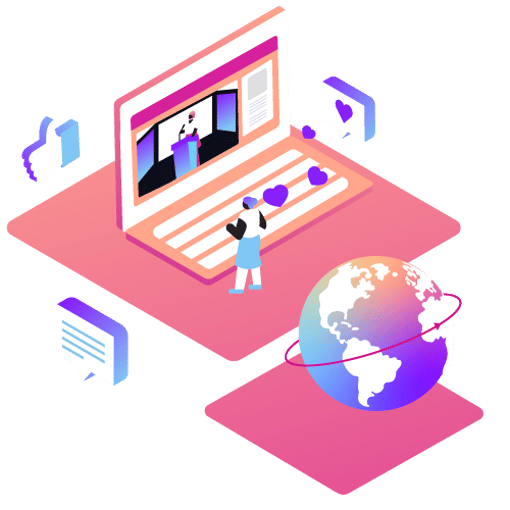 Virtual Event Video API image thumbnail Thumbnail illustration showing virtual event, globe and social interactions