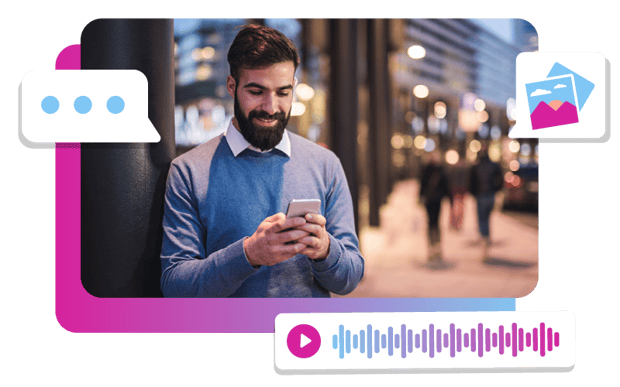 Omnichannel MMS_Voice_Chat Photo of man texting icons showing MMS, Voice and Chat