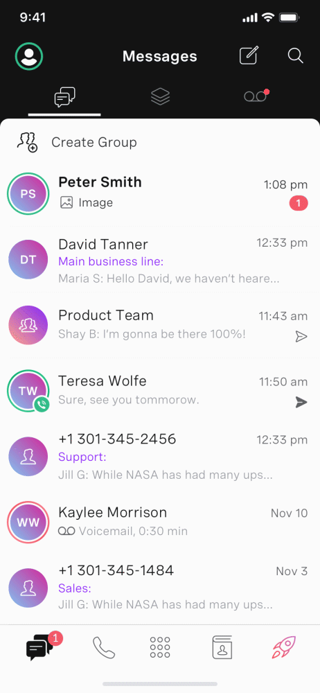 Moving from group messaging to all functions in mobile app Animation of moving from group messaging to all functions in unified communications mobile app.